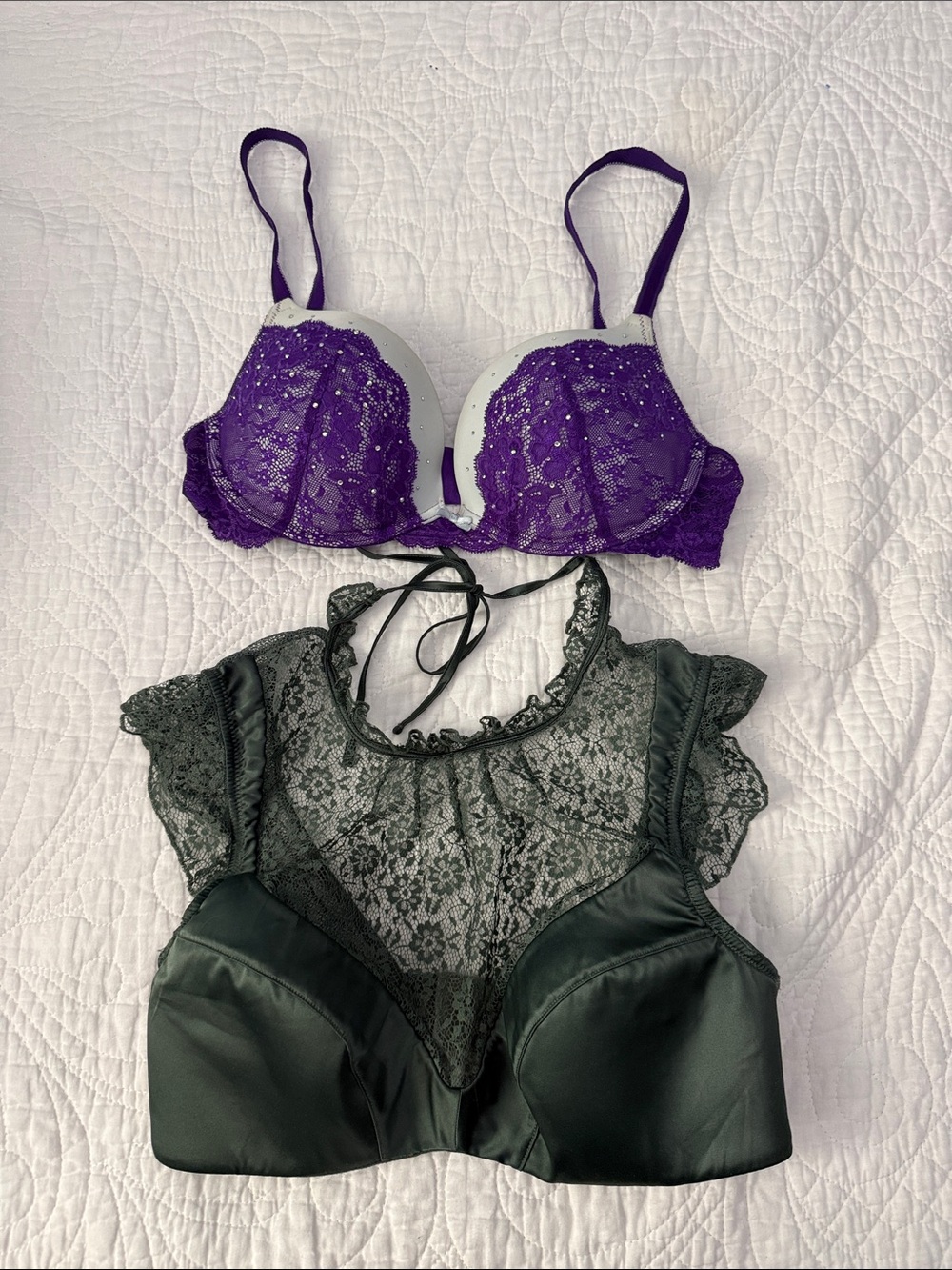 Victoria's Secret Purple Lace Push-Up Bra with Green Lace Bralette